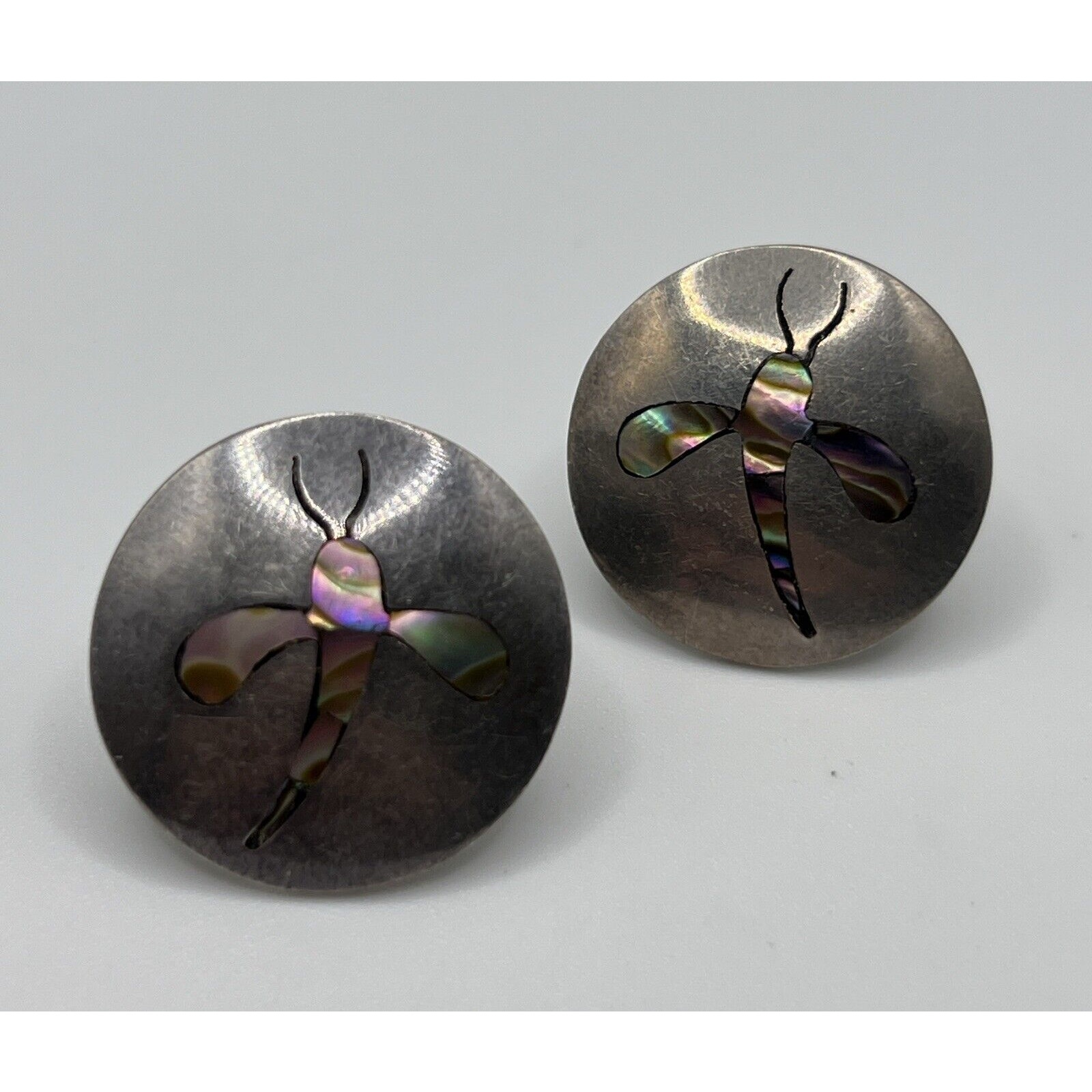 Sterling Silver Abalone Dragonfly Circle Clipon Style Earrings